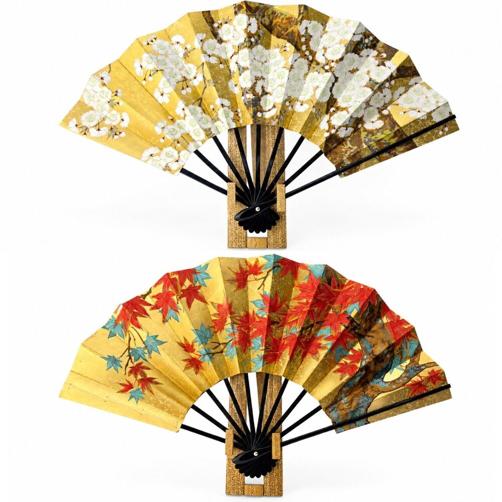 Vintage Japanese Folding Dance Fan Mai Ougi Lacquered Gold Leaf Maple Stand Box